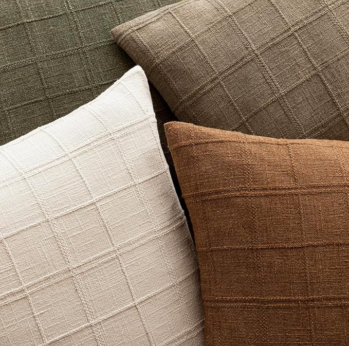 Foindtower Set of 2 Decorative Linen Check Throw Pillow Covers Neutral Long Body Lumbar Cushion Covers Farmhouse Vintage Boho Home Decor For Sofa Chair Couch Bedroom Living Room,14×36 Inch,Light Brown