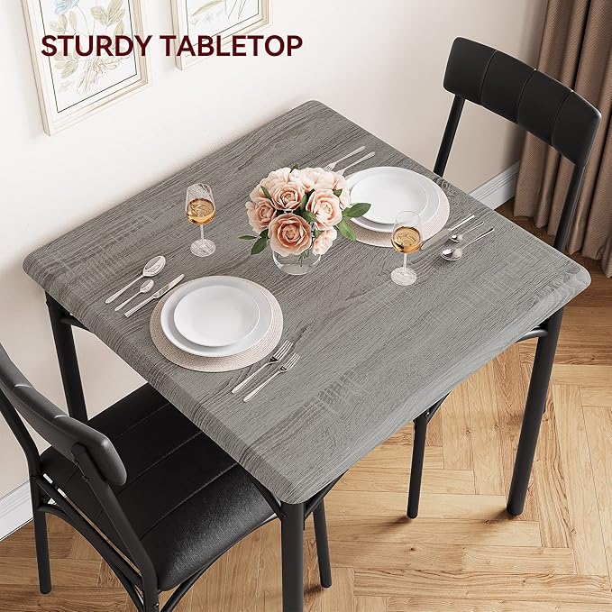GarveeHome Dining Table Set for 2, Kitchen Table with 2 Upholstered Chairs, Wood Square Dining Table and Chairs Set for Small Space, Apartment, Dinner, Rustic Gray