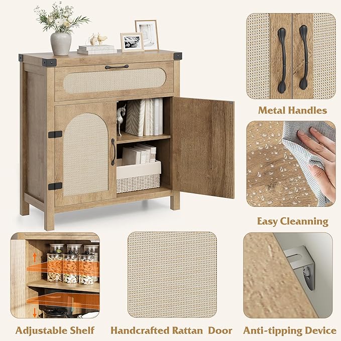 IDEALHOUSE Rattan Cabinet with Drawer, Sideboard with Synthetic Rattan-Accent Doors, Adjustable Shelves, Buffet Cabinet for Living Room Dining Room, Natural