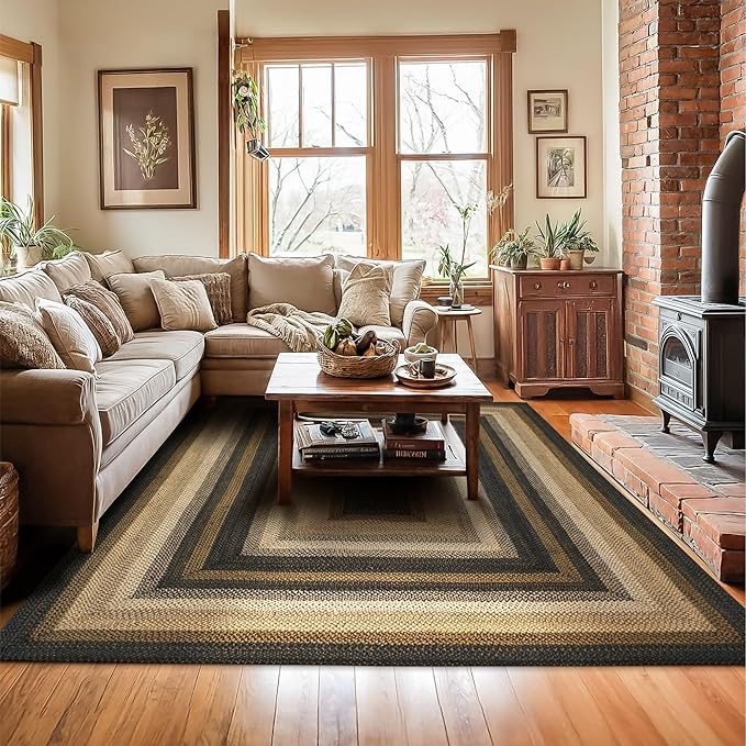 Homespice Kilimanjaro Premium Jute Braided Area Rug, 5' x 8' Rectangular Black and Brown, Reversible, Natural Jute Yarn Rustic, Country, Primitive, Farmhouse Style - 30 Day Risk Free Purchase