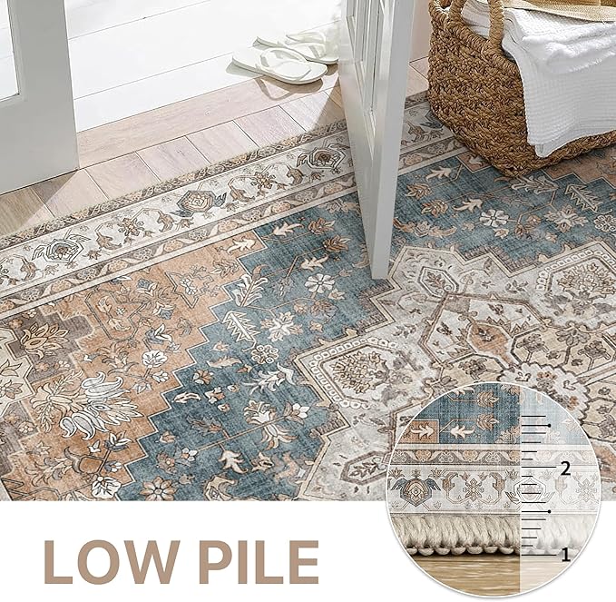 GENIMO 9x12 Area Rugs for Living Room, Non Slip Machine Washable Vintage Rugs, Low Pile Lightweight Chenille Print Large Rug for Bedroom, Dining Room, Home Office, Blue Brown
