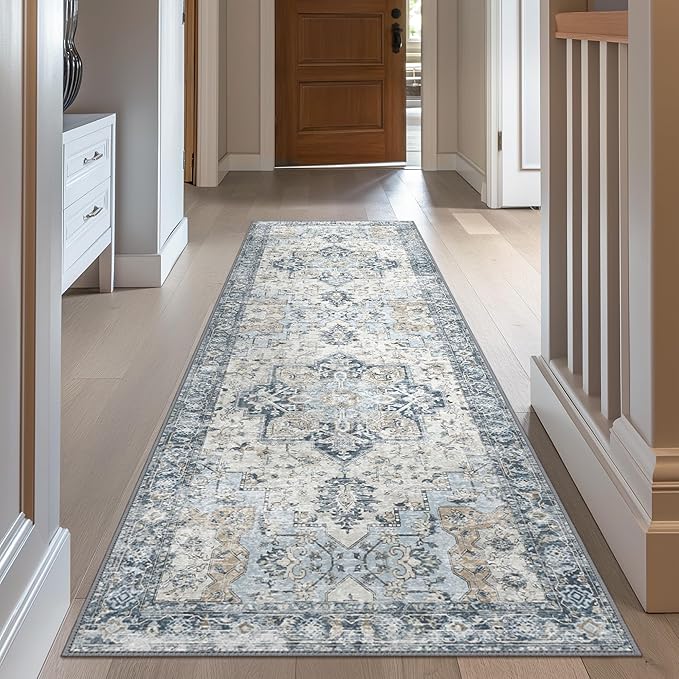 GENIMO Runner Rug 2x6, Machine Washable Runners, Non Slip Vintage Hallway Runner Rugs, Low Pile Lightweight Mat for Entryway, Hallway, Kitchen and Corridor, Blue