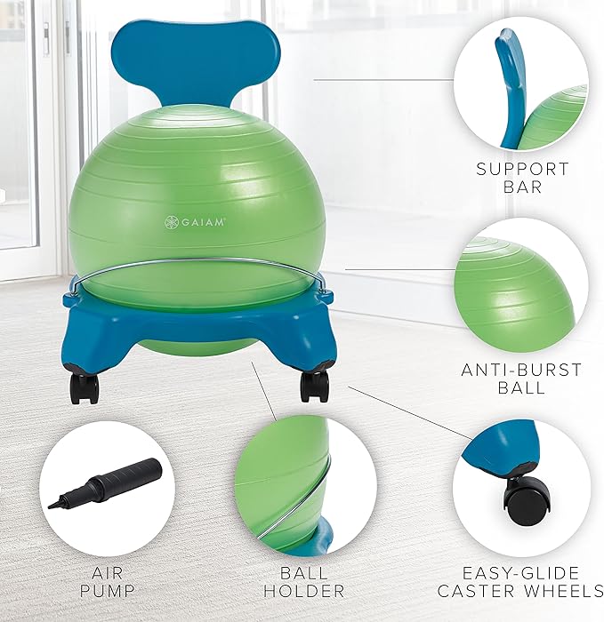 Gaiam Kids Balance Ball Chair - Classic Children's Stability Ball Chair, Alternative School Classroom Flexible Desk Seating for Active Students, Orange/Blue