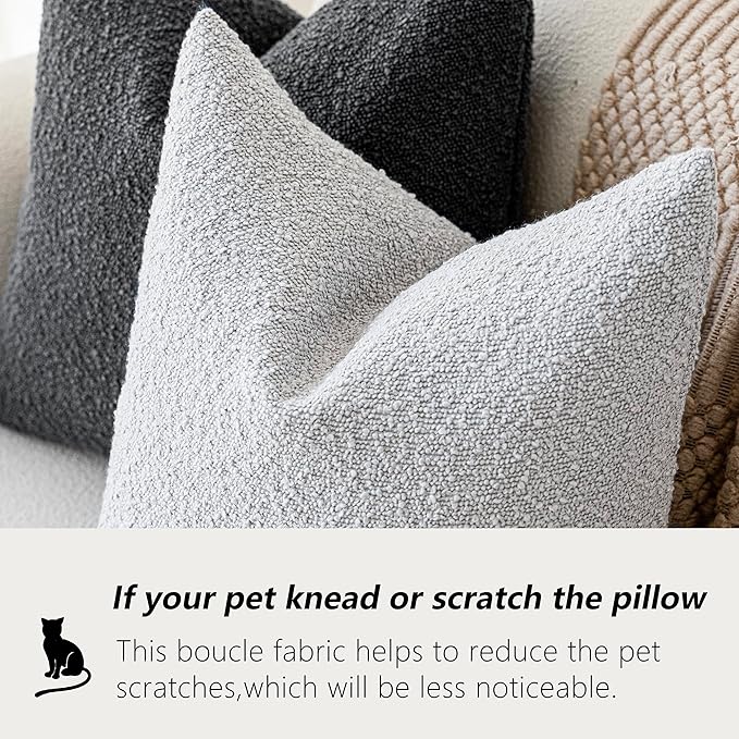 Foindtower Set of 2, Decorative Textured Boucle Throw Pillow Covers Accent Solid Pillow Cases Neutral Soft Cozy Couch Cushion Case for Chair Sofa Bedroom Living Room Home Decor 24 x 24 Inch Light Grey