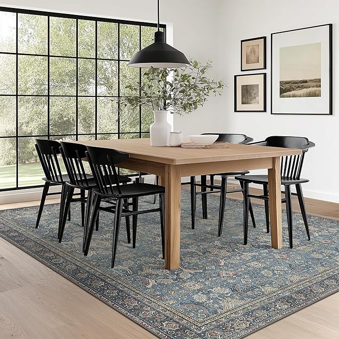 9X12 Area Rugs Machine Washable Rugs for Living Room, Vintage Boho Large Rugs for Bedroom Dining Room, Non Slip Indoor Soft Distressed Lightweight Thin Low Pile Carpet, Vintage Blue