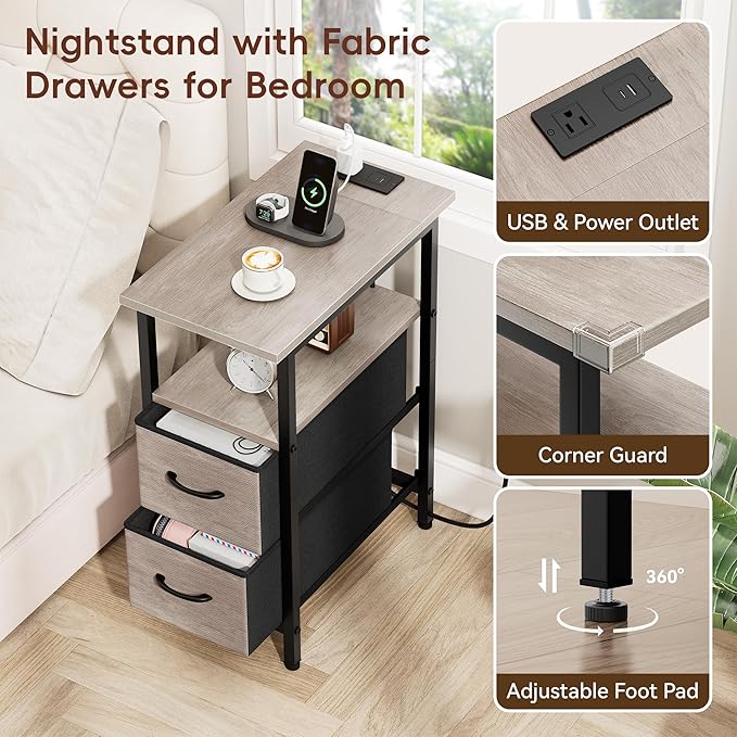 Vagusicc End Table with Charging Station, Narrow Side Table, 23.8'' Tall Nightstand with 2 Fabric Drawers, Small Sofa Side Table Narrow Nightstand for Small Spaces, Living Room, Bedroom, Rustic Grey