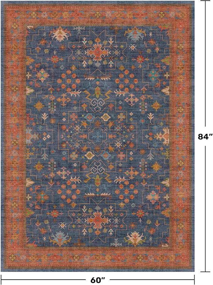 Navy Blue Area Rug 5x7 Living Room Rug - Machine Washable Rugs for Bedroom, Dining Room, Kitchen Floor, Small Office, Low Pile Non-Slip Rubber Backing & Stain Resistance