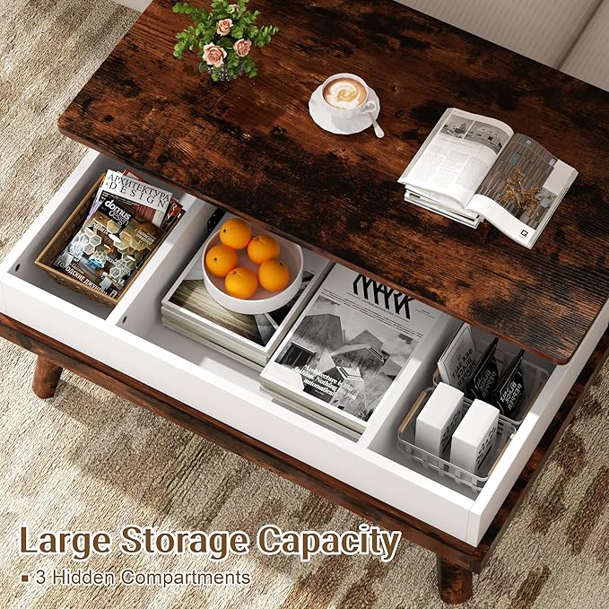 Shintenchi Coffee Table, Lift Top Coffee Table with Hidden Compartment, Rising Tabletop Dining Table, Lift Top Coffee Center Table for for Living Room, Office, Home (Rustic Brown)