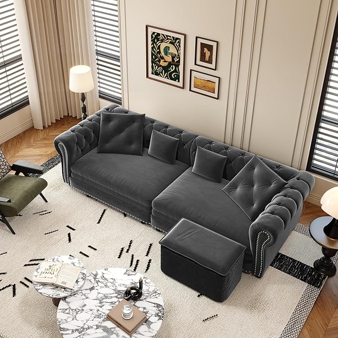 KEIKI 89" W 3-in-1 Pull-Out Convertible Chesterfield Sofa Bed, King Size Velvet Tufted Couch with Movable Ottoman, Chaise Lounge, 3-Seater for Living Room, Bedroom, Office, Gray