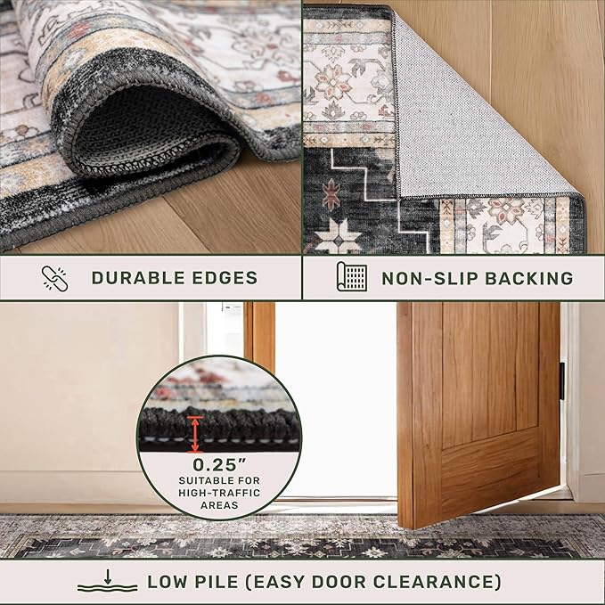 Black 2x4 Entryway Runner Rugs, Small Runners for Kitchen, Door Mat Indoor Entrance, Bathroom, Non-Slip Low-Pile Washable Stain Resistant, Vintage Ashen Charcoal Floral Decor