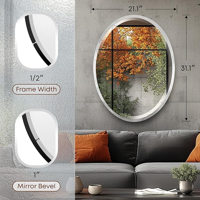 OVALCREST - Oval Wooden Beveled Wall Mirror for Home Decor, Bathroom, Vanity, Bedroom, Living Room, Hallway - London Style (Silver Leaf with Brown Antique) 21.1 x 31.1