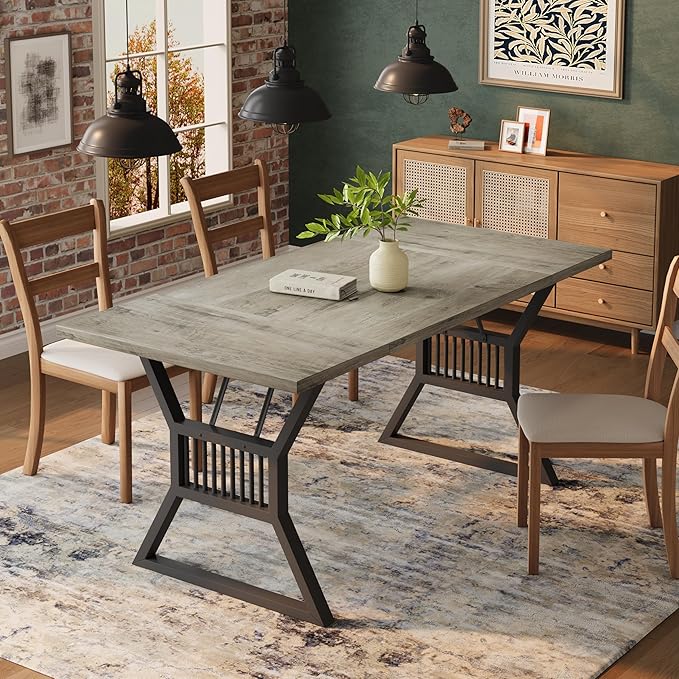 GarveeHome 70.8 Inch Dining Table 4-6 Person, Kitchen Table with Heavy Duty Metal Legs, Farmhouse Wooden Dining Room Table for Kitchen, Living Room
