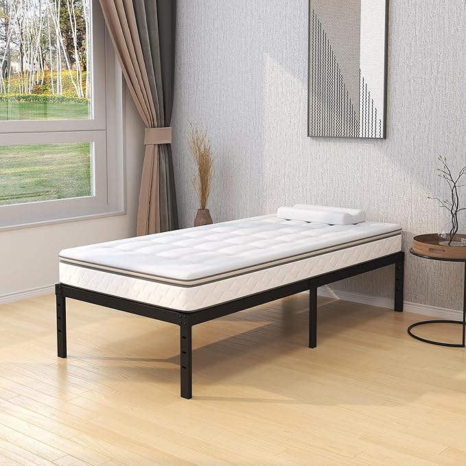 18 Inch Twin Bed Frames No Box Spring Need, Metal Platform Bed Frame Twin Size with High Storage, Eassy Assembly 2,500 Lbs Heavy Duty Bedframes, Black