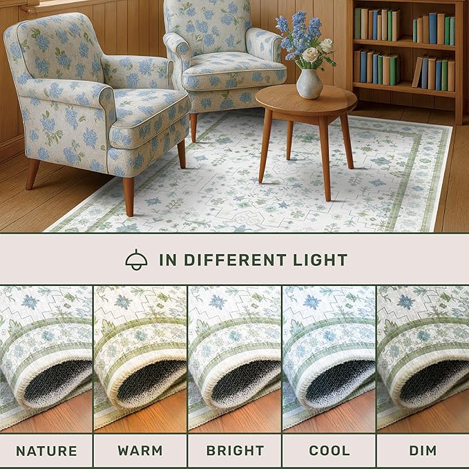 Cream Oushak 6x9 Bedroom Rug - Boho Floral Cool Blue and Green, Washable Low Pile Non-Slip Ultra-Thin Large Area Rugs for Bed Room, Living Room, Playroom