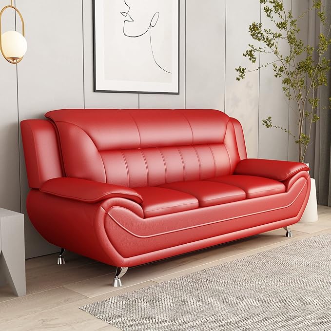 Container Furniture Direct Michael Modern Faux Leather Upholstered Stainless Steel Legs Living Room Sofa, Loveseat, Red