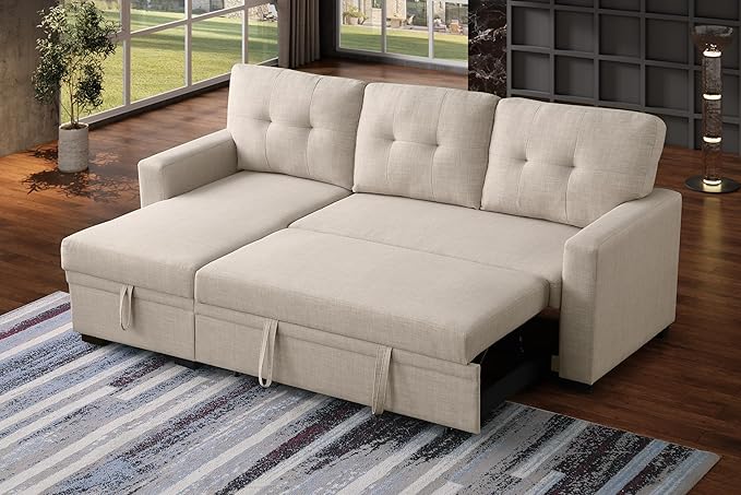 Devion Furniture Garisa 4-in-1 Convertible L Shaped Couch with Pull Out Bed and Storage, Sectional Sleeper Sofa with Reversible Chaise for Living Room, Apartment, Bedroom, Office