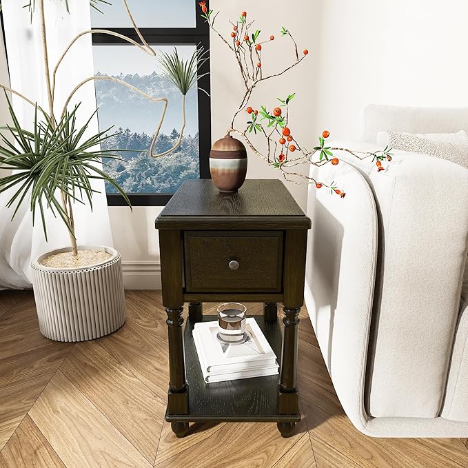 LEEMTORIG Set of 2 Solid Wood End Table Narrow Side Table with Drawer, Cherry Wood End Table Living Room, 13" W Slim Small Nightstand, 22" D x 22.3" H, No-Tools Assembly, Rustic Black BBJ-004-BK