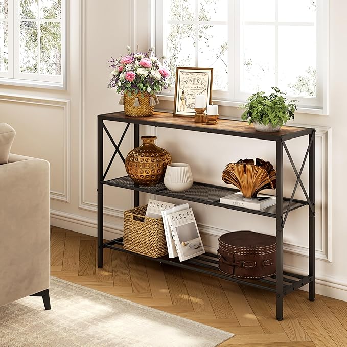 Hoctieon Industrial Console Table, 3 Tier Entryway Table, Hallway Table, Narrow Sofa Table with Shelves, Entrance Table for Entryway, Living Room, Foyer, Hallway, Office, Rustic Brown&Black
