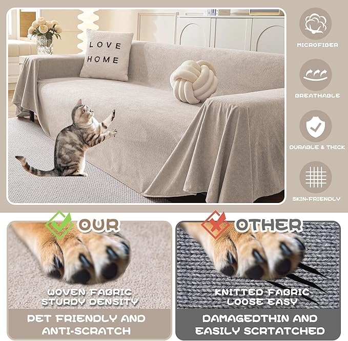 MYSKY HOME Couch Cover Sofa Covers for 3 Cushion Couch, Dog Couch Covers Protector for Sectional Sofa, Non Slip Soft Sofa Slipcover Modern Furniture Protector for Pet, 91" x 134", Oat