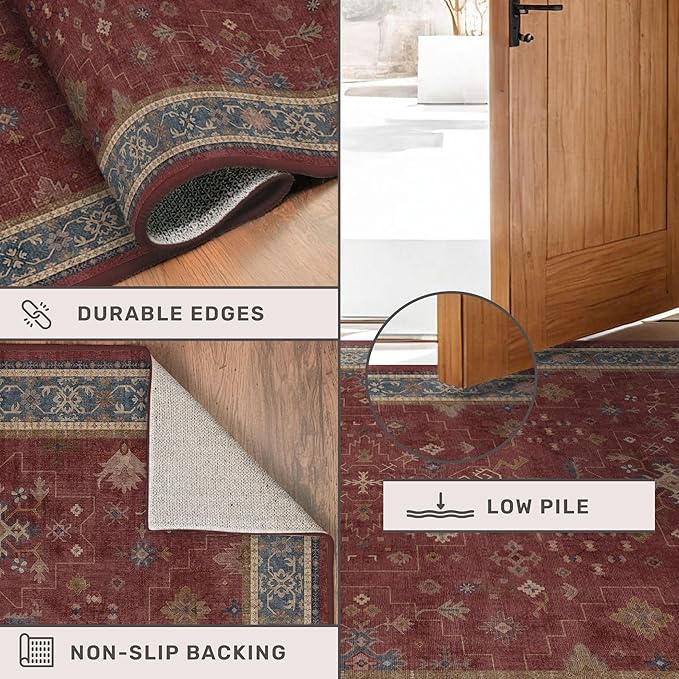 6x9 Dining Room Rugs for Under Table - Vintage Burgundy Boho Living Room Rug, Lightweight Washable Foldable Low Pile Carpet,Southwestern Bed Room Décor Aesthetic