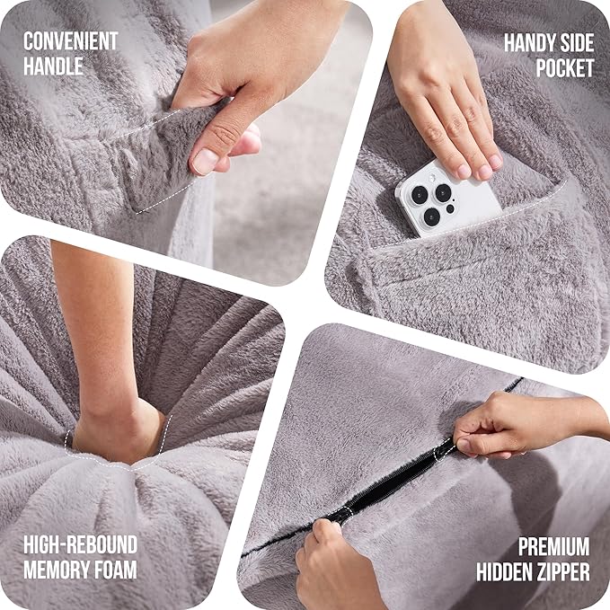 Hobestluk 4ft Bean Bag Chairs for Adults Large Beanbag Chair with Plush Faux Fur Cover Big Bean Bag Chair for Living Room Bedroom Dorm Office - Grey (44” x 44” x 24”)