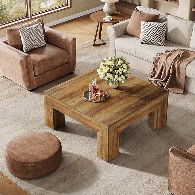 Tribesigns 39.4-Inch Square Coffee Table for Living Room, Farmhouse All MDF Accent Center Cocktail Table with Sturdy Wooden Legs, Easy Assembly, Rustic Brown