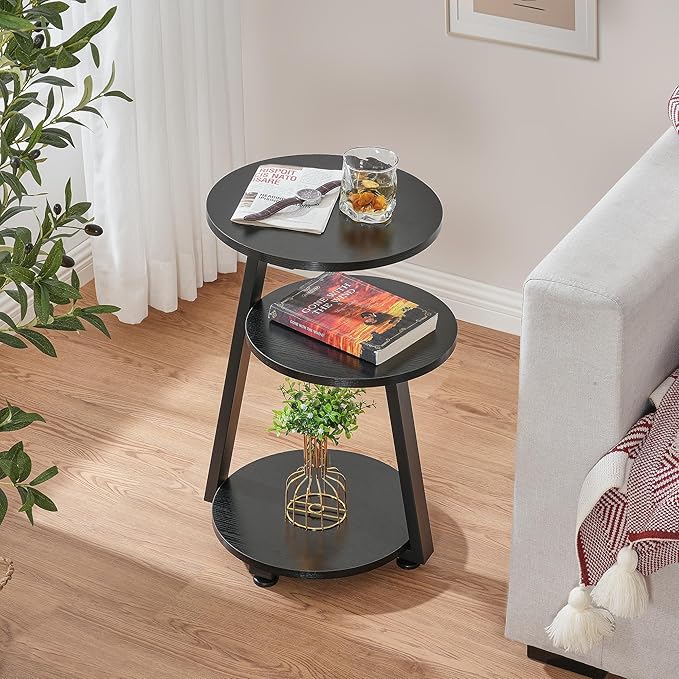 BEWISHOME Round End Table Side Table with Metal Frame, Accent Nightstand Bedside Table with 3-Tier Shelves, Small Couch Table for Living Room Bedroom Black KTZ41B