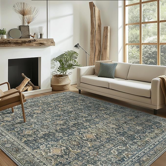 2X10 Area Rugs Machine Washable Rugs for Living Room, Vintage Boho Large Rugs for Bedroom Dining Room, Non Slip Indoor Soft Distressed Lightweight Thin Low Pile Carpet, Deep