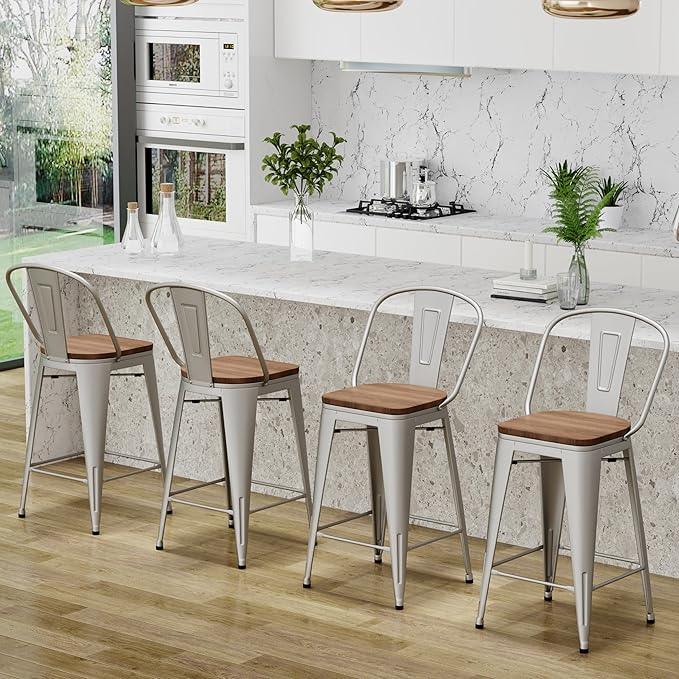 Changjie Furniture 26 Inches Metal Barstools Set of 4 Counter Height Bar Stools Industrial Stools with Backs High Back Chairs for Kitchen Island (26 Inch,Silver)