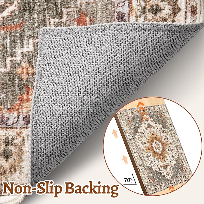 Tangsoo 2.6x8 Washable Runner Rug for Hallways, Non Slip Vintage Runner, Soft Low Pile Long Rug Runner, Print Distressed Turmeric Carpet Runners for Kitchen Bedroom Entryway Bathroom Living Room