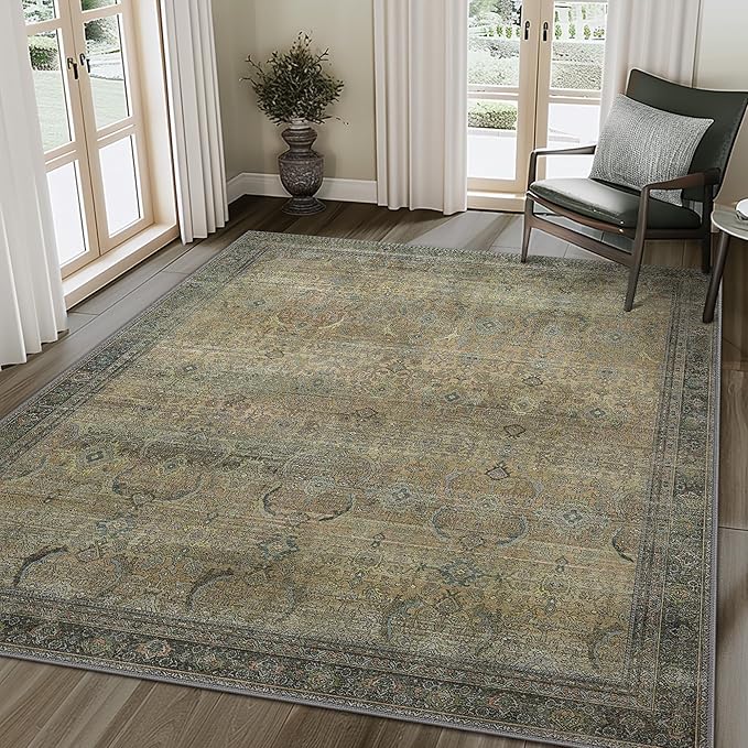 6X9 Area Rugs Machine Washable Rugs for Living Room, Vintage Boho Large Rugs for Bedroom Dining Room, Non Slip Indoor Soft Distressed Lightweight Thin Low Pile Carpet, Vintage Sunset
