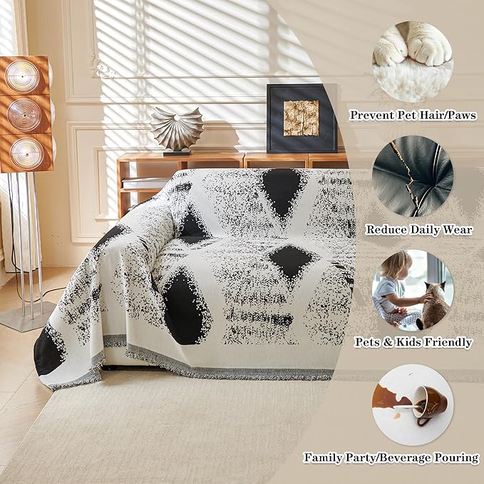 MYSKY HOME Boho Couch Cover for Dogs Washable Black Rhombic Couch Sofa Protector for Loveseat Sofa with Pets Friendly Chenille Geometric Sofa Covers Soft Durable Farmhouse Sofa Slipcovers, 71" X102"