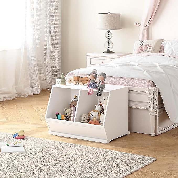 UTEX Stackable Toy Storage Cabinet, Wooden Cubby Organizer, White Shelf for Playroom, Bedroom, Living Room, Nursery, 2 Cubes