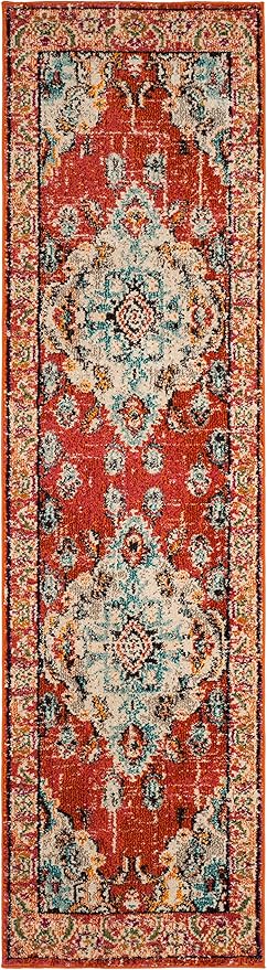 SAFAVIEH Monaco Collection Runner Rug - 2'2" x 16', Orange & Light Blue, Boho Chic Medallion Distressed Design, Non-Shedding & Easy Care, Ideal for High Traffic Areas in Living Room, Bedroom (MNC243H)