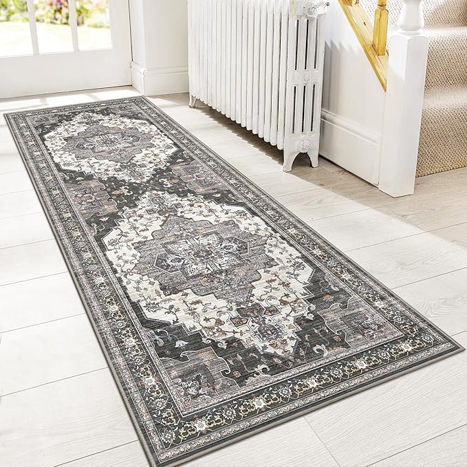 GENIMO 3X7 Hallway Runner Rug, Machine Washable Non Slip Vintage Floral Patchwork Runners, Thin Low Pile Chenille Carpet Runners for Entryway, Kitchen, Bathroom, Bedroom, Slate Gray