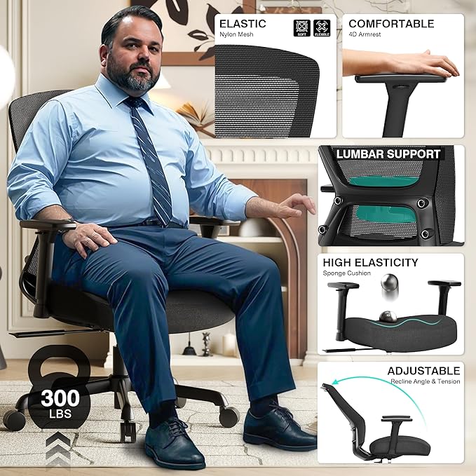 T96C Ergonomic Home Office Chair, Mesh Computer Desk Chair with 4D Armrests, Adjustable Lumbar Support,Tilt Function, Executive Rolling Swivel Task Chair for Long Hours (Black - Upholstered Seat)
