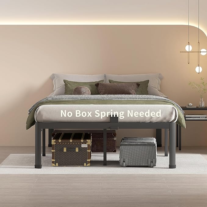 MAF 16 Inch Queen Bed Frames with Round Corner Legs Mattress Slide Stopper No Box Spring Needed Heavy Duty Metal Platform Bed Frame Under-Bed Storage Space, 3000 LBS Steel Slats Support