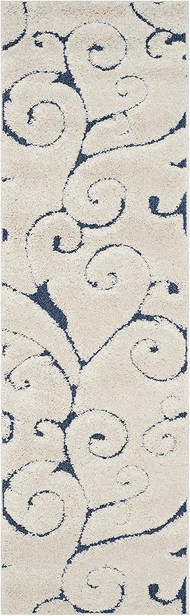 SAFAVIEH Florida Shag Collection Runner Rug - 2'3" x 13', Cream & Blue, Scroll Design, Non-Shedding & Easy Care, 1.2-inch Thick Ideal for High Traffic Areas in Living Room, Bedroom (SG455-1165)