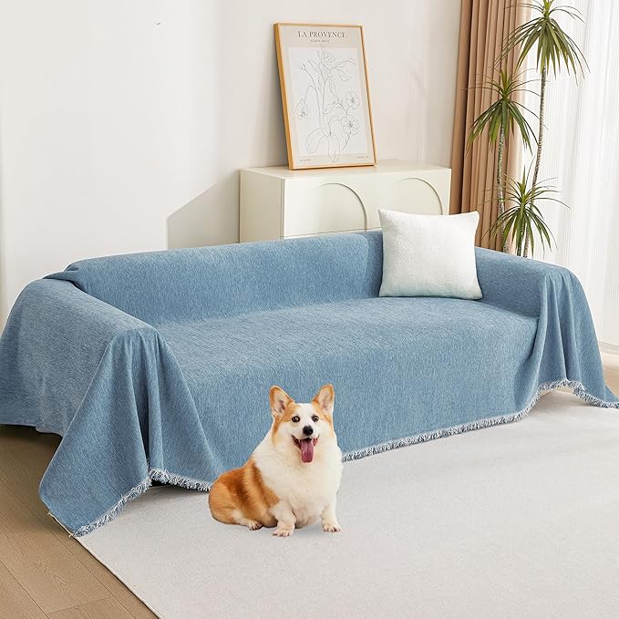 MYSKY HOME Couch Cover Sofa Covers, Sectional Couch Covers for 2 Cushion Couch Sofa, Chenille Sofa Slipcovers, Futon Covers, Machine Washable, Soft Furniture Protector for Kid, 91" x 118", Blue