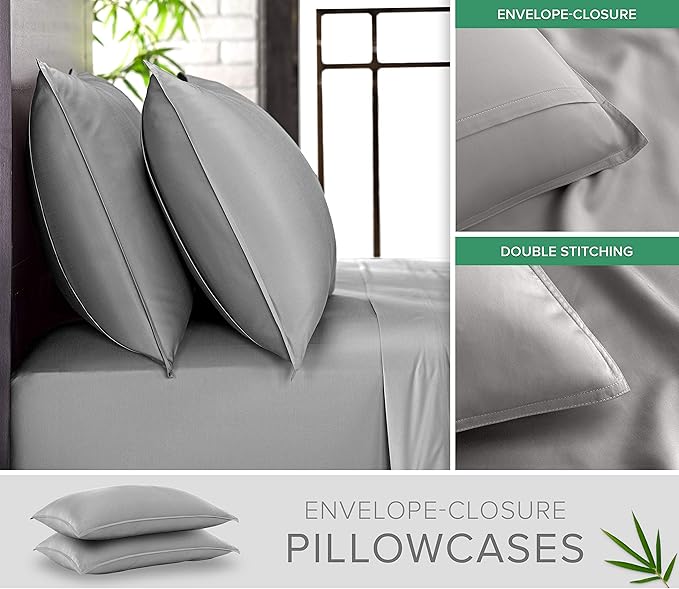 Pure Bamboo California King Sheets, Genuine 100% Organic Viscose Derived from Bamboo Bed Sheet Set, Soft & Cooling, Double Stitching, Lifetime Quality Promise (California King, Stone Grey)