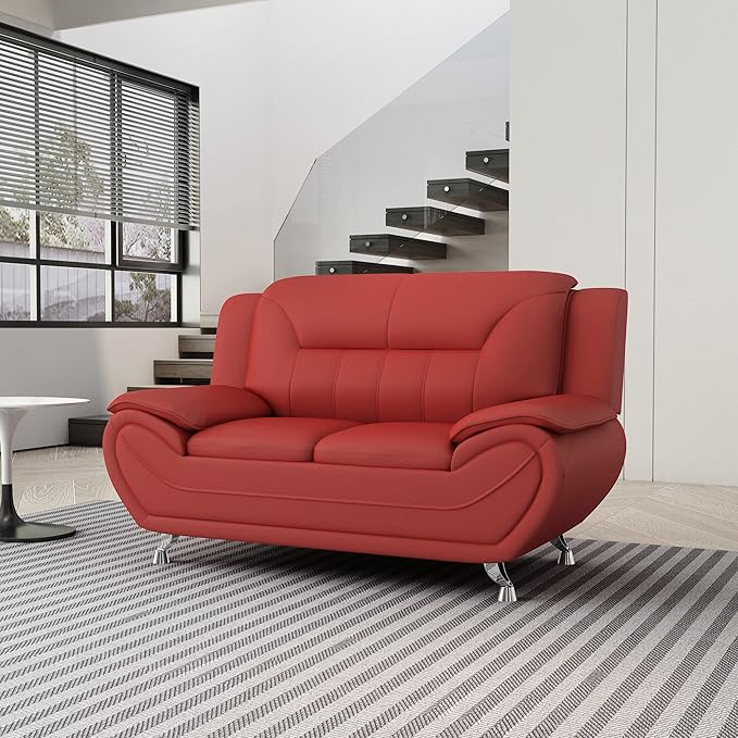 Container Furniture Direct Michael Modern Faux Leather Upholstered Stainless Steel Legs Living Room Loveseat, Red