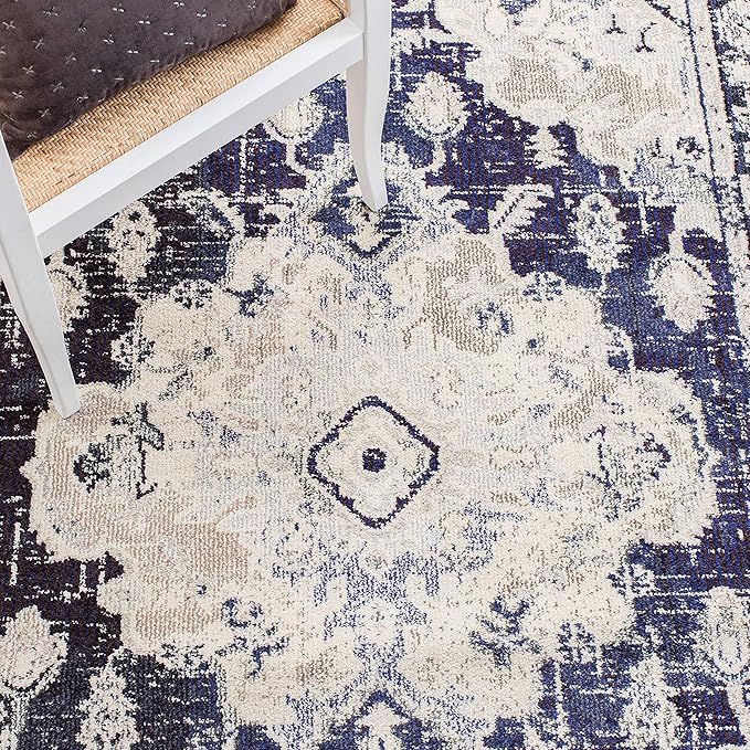 SAFAVIEH Monaco Collection Round Rug - 6'7" Round, Ivory & Navy, Traditional Design, Slip Resistant & Stain Resistant, Ideal for High Traffic Areas in Living Room, Bedroom & Dining Room (MNC243C-7R)