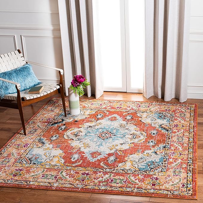 SAFAVIEH Monaco Collection Area Rug - 4' Square, Orange & Light Blue, Boho Chic Medallion Distressed Design, Non-Shedding & Easy Care, Ideal for High Traffic Areas in Living Room, Bedroom (MNC243H)