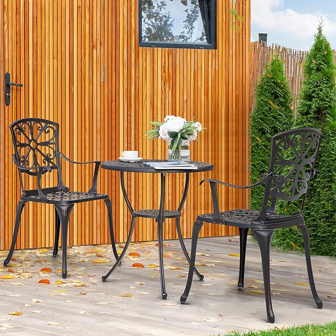 NUU GARDEN Bistro Set 3 Piece Outdoor All Weather Cast Aluminum Patio Bistro Set Patio Table and Chairs Set of 2 with Umbrella Hole for Backyard, Balcony, Front Porch, Lawn, Pool, Bronzer