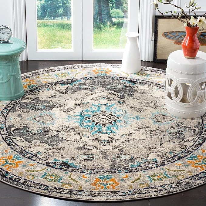 SAFAVIEH Monaco Collection Area Rug - 11' Round, Grey & Light Blue, Boho Chic Medallion Distressed Design, Non-Shedding & Easy Care, Ideal for High Traffic Areas in Living Room, Bedroom (MNC243G)