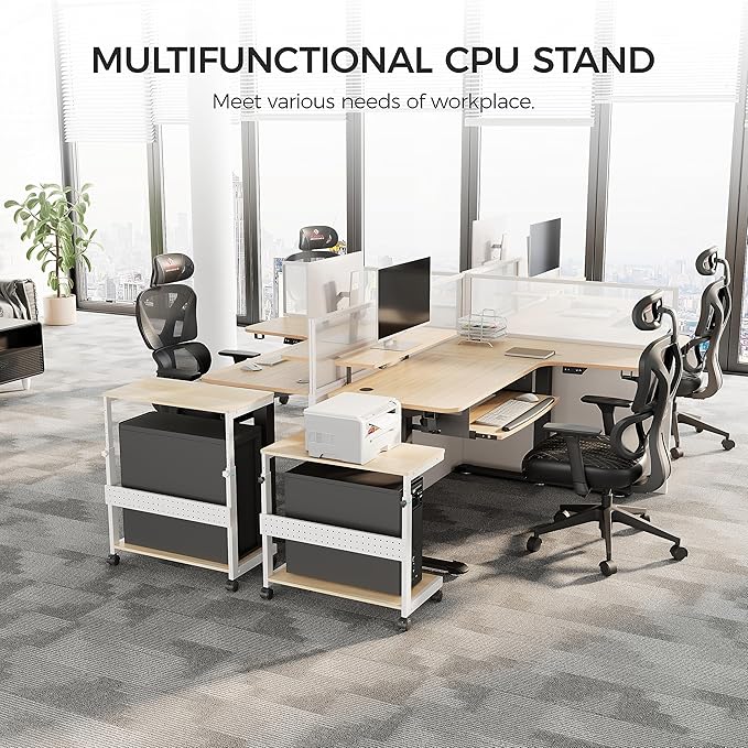 EUREKA ERGONOMIC PC Stand Computer Cart, Height Adjustable Tower Stand 2-Tier Suit for ATX Case Printer, Metal Rolling Cart on Wheels for Gaming Home Office, Maple