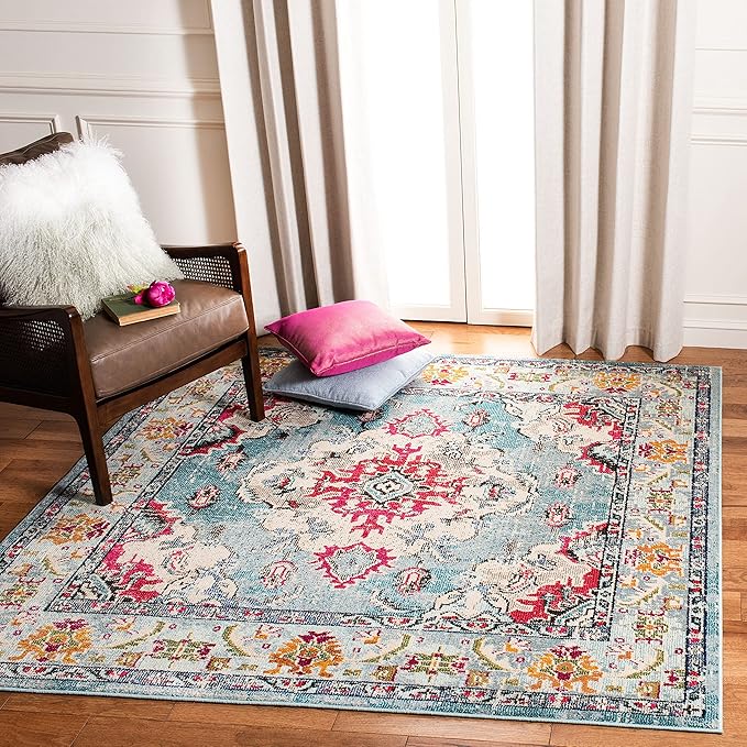 SAFAVIEH Monaco Collection Area Rug - 6'7" Square, Light Blue & Fuchsia, Boho Chic Medallion Distressed Design, Non-Shedding & Easy Care, Ideal for High Traffic Areas in Living Room, Bedroom (MNC243J)
