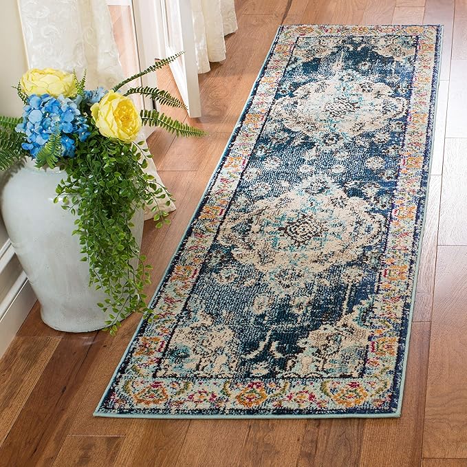 SAFAVIEH Monaco Collection Runner Rug - 2'2" x 6', Navy & Light Blue, Boho Chic Medallion Distressed Design, Non-Shedding & Easy Care, Ideal for High Traffic Areas in Living Room, Bedroom (MNC243N)
