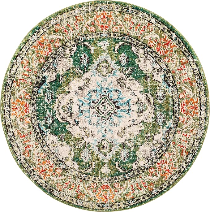 SAFAVIEH Monaco Collection Area Rug - 12' Round, Forest Green & Light Blue, Medallion Distressed Design, Non-Shedding & Easy Care, Ideal for High Traffic Areas in Living Room, Bedroom (MNC243F)
