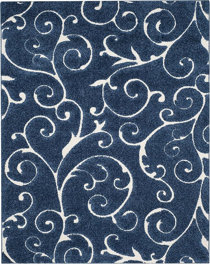 SAFAVIEH Florida Shag Collection Area Rug - 9'6" x 13', Dark Blue & Cream, Scroll Design, Non-Shedding & Easy Care, 1.2-inch Thick Ideal for High Traffic Areas in Living Room, Bedroom (SG455-6511)